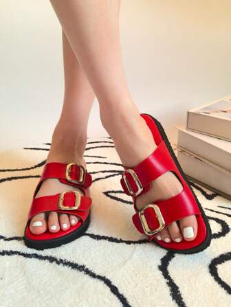carewill 1 Pair Solid Color Retro Outdoor Casual Sandals, Fashion Beach Shoes, PU Leather Slip-On, Red