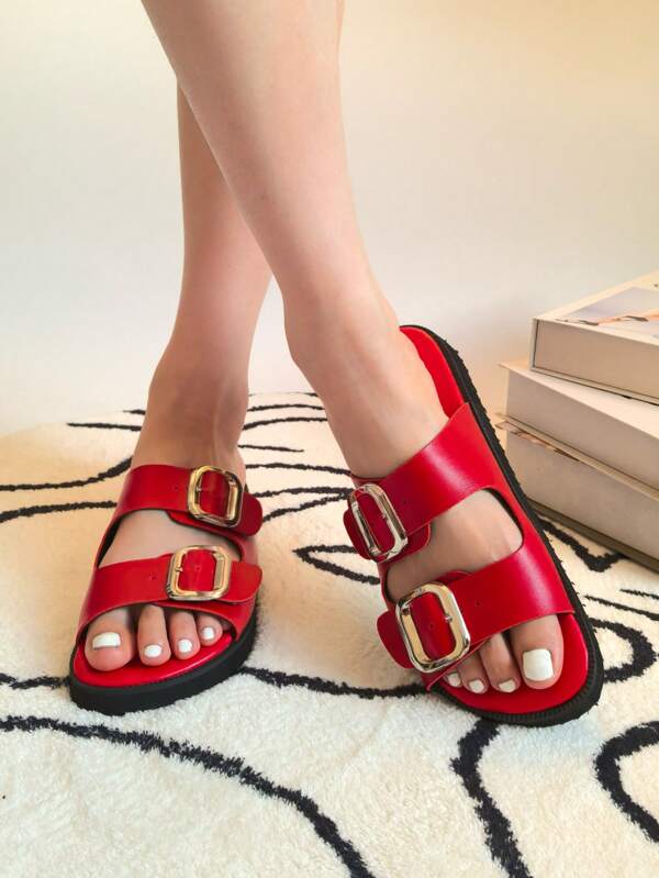 carewill 1 Pair Solid Color Retro Outdoor Casual Sandals, Fashion Beach Shoes, PU Leather Slip-On, Red