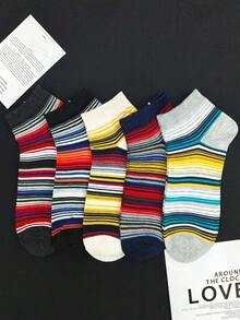 5pcs/Set Men's Striped Rainbow Multicolor Stripes Patchwork Casual Boat Socks - Multicolor - View 4