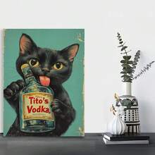 Framed Funny Cat With Vodka Art - Black Cat Holding Tito's Vodka Bottle, Whimsical Retro Style Poster, Unique Wall Decor For Home, Bar, Cat Lovers High Quality Posters, HD Pictures, Holiday Gifts - Đã đóng khung - Xem 3