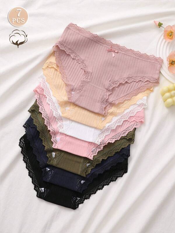 Set de 7 piezas de ropa interior, lencería sexy y bragas de algodón con lazo acanalado, estilo deportivo y de ocio para mujer en verano