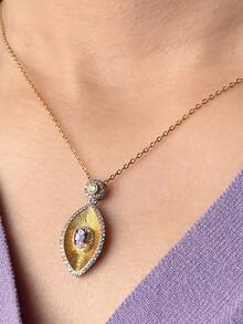 1pc 925 Sterling Silver Tanzanite Inlaid Necklace Pendant, Water Drop Shape Diamond Cut Golden Color Exquisite Carving Craftsmanship, Zirconia Edged Shimmering Luxurious Elegant Clavicle Chain, Elegant Mother / Women Gift, Jewelry, Suitable For Engagement, Party, Gathering Wearing - Tanzanite Pendant Necklace - View 6