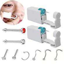 2 pezzi Kit di perforazione nasale monouso con piercing nasali incorporati - Kit di autoperforazione nasale con 6 pezzi di anelli per piercing al naso