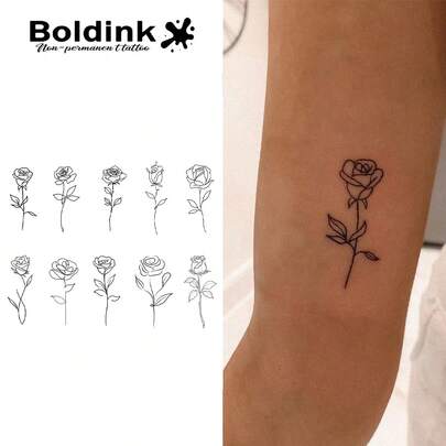  Boldink 10 件小玫瑰临时纹身贴纸，Y2K 风格，简约可爱，防水持久 1-2 周，仿永久纹身，精致的 Ins 风格，适合女性，无需针头，易于粘贴和去除