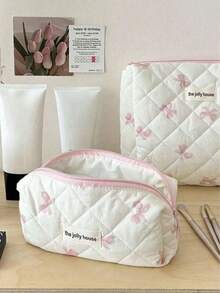 3pcs/1pc Quilted Bow Cosmetic Bag, Fashion Portable Makeup Pouch, Cosmetic Bag Set Make Up Bag Emergency Kit Girls School Bag, Multi-Function Storage Bag, Large Capacity Cute Toiletry Bag, Mini Makeup Brush Bag, Printed Vanity Case, Assorted Styles, Fits Lipstick, Sanitary Pad, Coin, Keys, Cosmetics, Jewelry, Suitable For Home, Bedroom, Bathroom, Travel, Outdoor, Mom, Girl, Gift Home Bathroom Decor Summer Holiday - White Pink - View 2