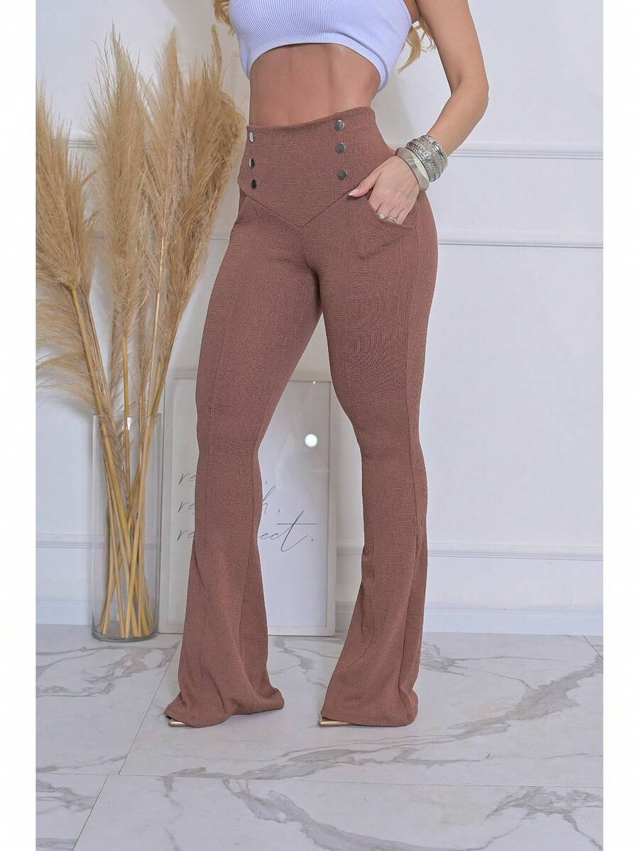 Women's High Waist Flare Bell Bottom Pants With Lycra Butt Lifting Effect Premium Luxury - 深米色 - 查看 1