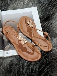 Women's Caramel Flat Sandal With Adjustable Embellishment - 駝色 - 查看 2