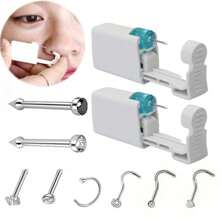2 pezzi Kit di perforazione nasale monouso con piercing nasali incorporati - Kit di autoperforazione nasale con 6 pezzi di anelli per piercing al naso