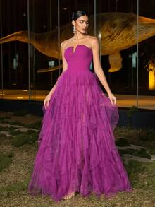 高衩網紗覆蓋抹胸連衣裙 - 紫色 - 查看 8