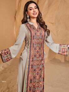 Đầm maxi dài tay kiểu Ả Rập thanh lịch dành cho nữ, cổ chữ V, in hoa, viền bèo nhún (Họa tiết ngẫu nhiên) Mùa xuân - Màu be - Xem 5