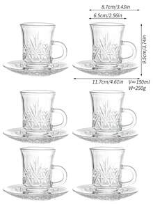 1 Set, Turkish Tea Cup And Saucer Set, Middle Eastern Retro Glass Tea Cups And Coffee Cups, Includes 6 Cups And 6 Saucers, Slim Waist Design With Thick Bottom To Prevent Tea From Getting Cold, Suitable For 6 People - Transparent - View 10