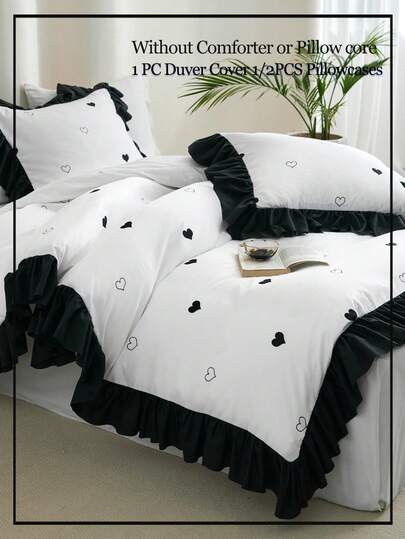 2/3 件蝴蝶花朵蕾丝法式波西米亚风羽绒被套装（1 个羽绒被套 + 1/2 个枕套，不含芯），浪漫蕾丝套装，迷人优雅蝴蝶花朵及黑色荷叶边床上用品套装，男女皆宜，柔软亲肤，是舒适温馨卧室、宿舍的理想礼物