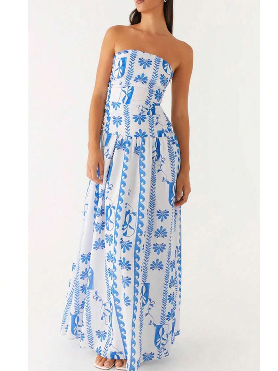 Women Long Tube Top Dress Ruched Boat Neck Backless Sleeveless Strapless Flowy Dresses - Lime Green - View 1