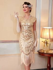 Women's 1920s Vintage Sequined Round Neck Puff Sleeve Fringe Hem Fitted Party Dress, For Cocktail