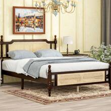 Queen Pine Wooden Bed With Rattan Headboard And Footboard, With Central Enhanced Bed Platform,Espresso