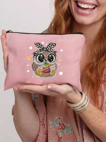 Cute Owl Who Loves Ice Cream Letter Cartoon Printed Cosmetic Bag, Cosmetic Bag, Print Cosmetic Bag, Makeup Bag, Gift For Girls, Cute Retro Simple Fashion Letter Pattern Printed Bag Storage Bag, Cosmetic Pouch For Small Items Storage, Storage Bag Suitable For Personal Travel Cosmetics Storage, For Holiday Beach, Bathroom Collection, Bedroom Collection, Large Capacity