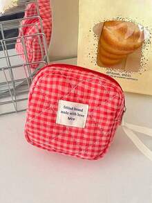 Cranberry Red Plaid Portable Toiletry Makeup Bag, Soft Cloth Surface Storage Bag For Home And Travel, Women's Handbag Toiletry Bags Summer Travel Essentials For Beach Vacation Holiday School Supplies Dorm Essentials Back To School - Multicolor - View 9