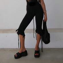 Women Skinny Capri Leggings Bow Tie Up Knee Length Capris Pants Y2k Stretchy Slim Fit Cropped Bloomer Trousers - 黑色 - 查看 4