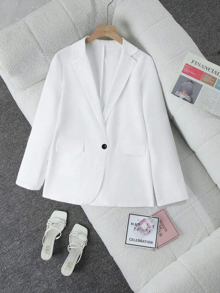 Damen Einfarbige Lange Ärmel Knopf Taschen Blazer Jacke A482, Herbst/Winter