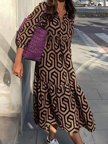 Autumn Women's Clothing, Women's Autumn Dresses, Long Sleeve Lapel Geometric Pattern Shirt-Style Open Collar Dress, Suitable For Commuting, Daily Wear, Outdoor, Women's Teacher Dress, Back To School, Soft Woven Fabric - Brown - View 5