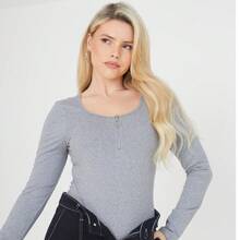 brave soul Long Sleeve Bodysuit With Zip, Grey - Grey Marl - View 1