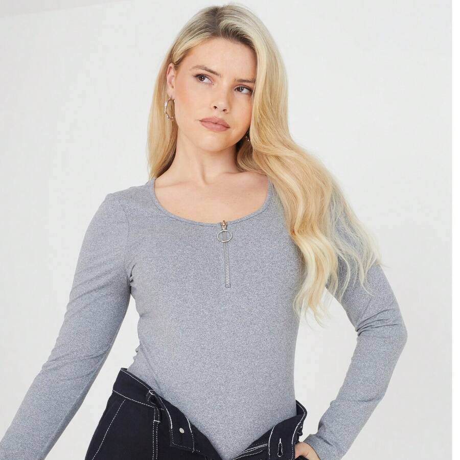 brave soul Long Sleeve Bodysuit With Zip, Grey - Grey Marl - View 1