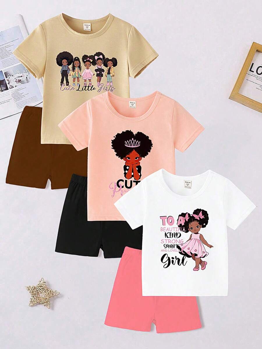 3 件套年轻女孩休闲装，包括圆领短袖上衣 + 纯色松紧腰短裤，透气、柔软舒适的户外儿童服装，适合春夏季