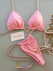 2 件套女士性感纯色心形系带吊带分体比基尼泳衣，夏季 - 粉色 - 查看 6