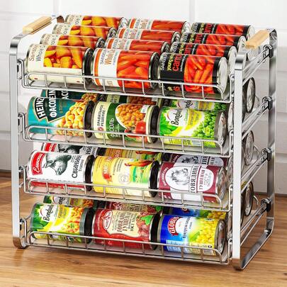  CADIMAC 4 Tier Can Organizer For Pantry, Stackable Pantry Organizers And Storage Holder Dispenser Rack For Snacks Soda Drinks, Holds Up To 48 Cans For Kitchen Cabinet, Chrome