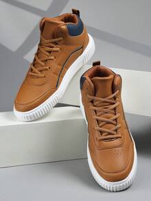 Men Shoes Casual Sneakers, Lace Up Soft Sole Flat Comfortable Skate Shoes For Men, Lightweight High-Top Daily Shoes - Brown - View 1