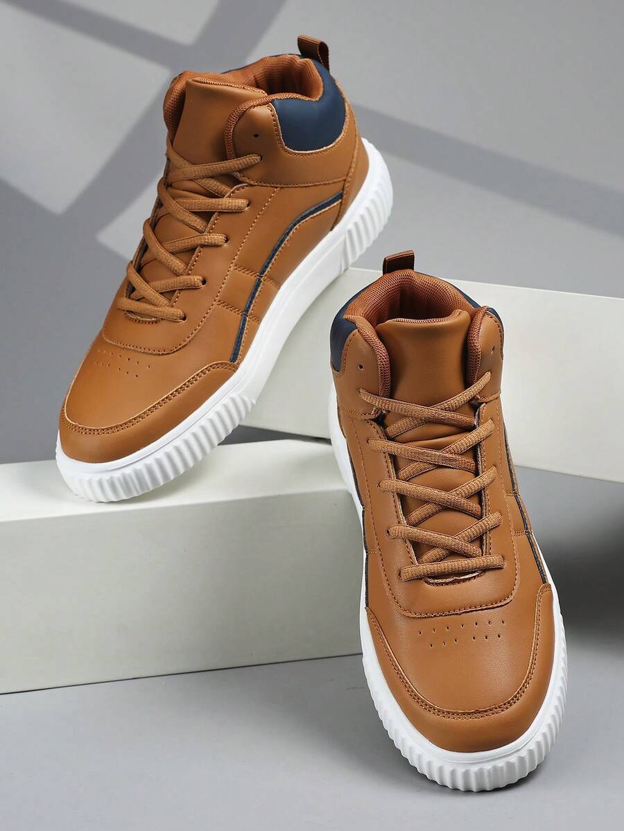 Men Shoes Casual Sneakers, Lace Up Soft Sole Flat Comfortable Skate Shoes For Men, Lightweight High-Top Daily Shoes - Brown - View 1