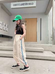 Tween Girls Striped Side Pockets Sports Sweatpants