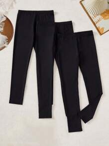 3pcs Sets Of Young Girls Spring And Summer Solid Color Stretch Leggings, Suitable For Daily Leisure, Simple And Comfortable Leggings