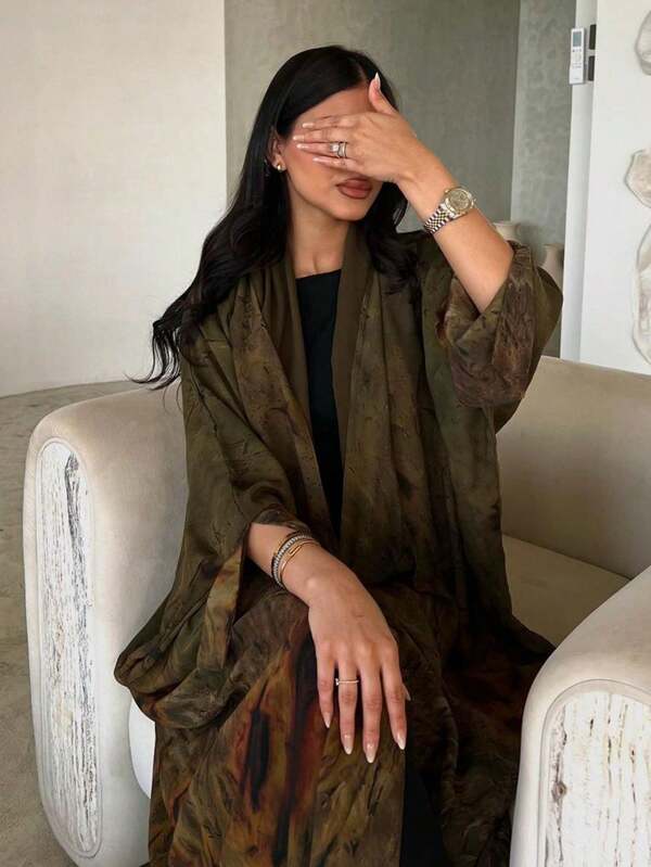 1pc Elegant Casual Solid Color Viscose Chiffon Tie Dye Open Front Long Robe Abaya, Fashion Sophisticated Fabric Craftsmanship, Modest Kaftan