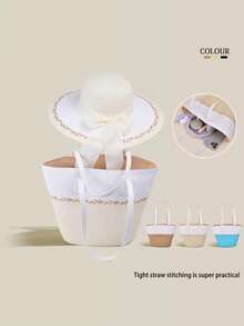 1 套女士拼色编织草帽和大帽檐蝴蝶结手提包，时尚优雅的遮阳帽和包包组合适合夏季外出、购物、海滩、旅行 - A - 查看 2