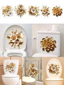 1pc Flower Decorative Toilet Sticker, Bi-Color Gold & White, Multi-Styles Available, Suitable For Various Scenarios Stickers Personalised Stickers - Color - View 2