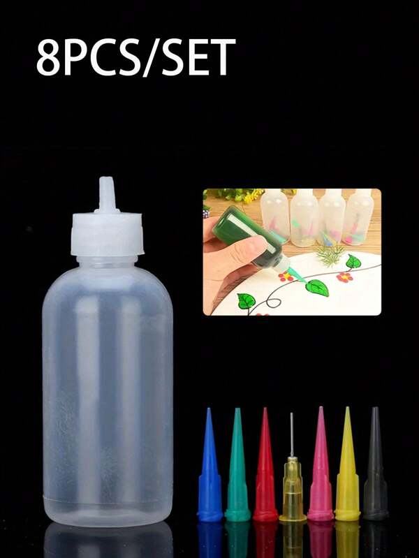 8 Stück/Set Plastik Quetschflaschen Set mit verschiedenen Düsenspitzen - Vielseitig einsetzbar für Tortendekoration, Dessertbacken & Kunstmalerei, rund, unparfümiert, Handwäsche - Bastel- & Küchenhelfer