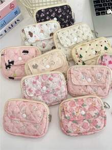 1pc Kawaii Quilted Flower Print Coin Purse With Bunny/Bowknot/Little Bear Pattern,Multifunctional Card Holder, Ins Style Korean Coin Purse Digital Bag Storage Bag.Portable And Stylish-Makeup Bag Portable Travel Toiletry Bag