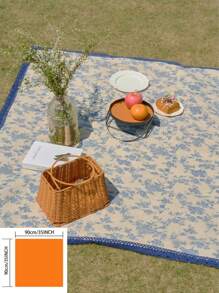 1pc French Romantic Vintage Floral Print Picnic Mat, Navy Blue Lace Trim, Thick & Durable, Multipurpose Covering Blanket Perfect For Outdoor Picnic, Family Gathering, Backyard, Afternoon Tea, Photography Background, Suitable For All Seasons