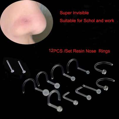 12 piezas/paquete Anillo de perforación nasal invisible y transparente simple, varilla suave apta para el período de curación para estudiantes con perforación corporal