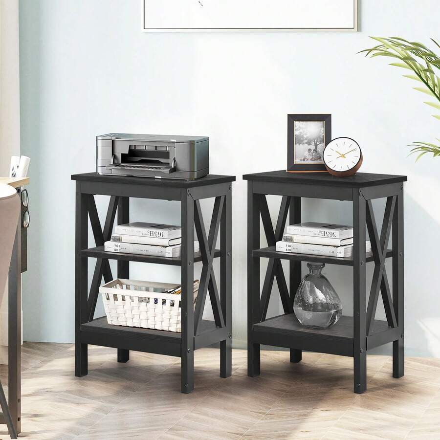 VECELO Set Of 2 Nightstand With 3-Tier Open Shelves - X-Shape Metal Frame Bedside Table, Small End Table For Bedroom & Living Room,Black - 黑色 - 查看 1