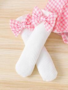 女婴可爱舒适短袖拼接连体衣+腿套+发带套装，轻薄夏季款 - 粉色 - 查看 7