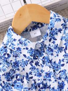 Young Girl Long Sleeve Floral Print Mesh Dress With Woven Belt - Navy Blue - View 3