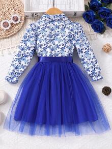 Young Girl Long Sleeve Floral Print Mesh Dress With Woven Belt - Navy Blue - View 2