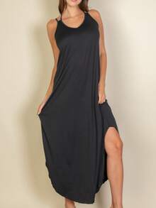 Women's Elegant Sleeveless V-Neck Knitted Fabric Long Dress With Asymmetrical Hem And Split Thigh Casual Loose Fit - 黑色 - 查看 2