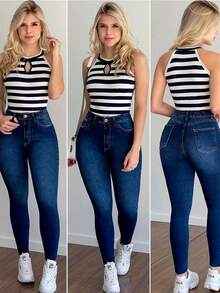 Calça Jeans Feminina Skinny Azul Com Elastano Efeito Levanta Bumbum  Cintura Alta - Azul - Visão 2