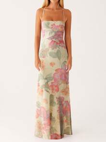 Women Spaghetti Strap Floral Print Maxi Dress Sleeveless Backless Cami Long Dress Summer Cross Tie-Up Party Dresses - Màu be - Xem 2