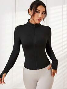 Chaqueta Deportiva Con Abertura En El Pulgar Y Cremallera De Color Liso - Negro - Ver 2