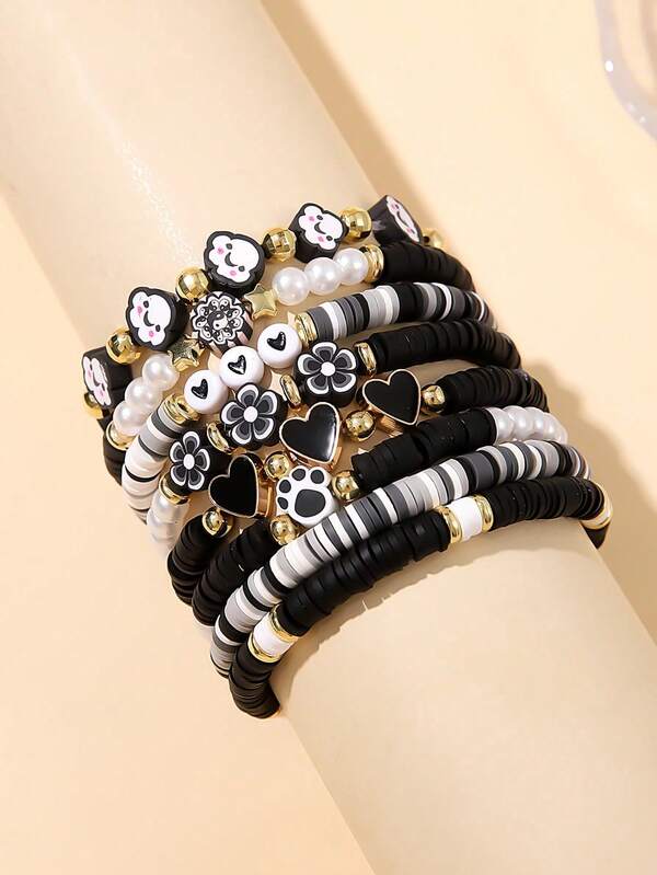 8 مجموعة أساور مسطرة مزينة بخرز ذات تصاميم زهور سوداء وقلوب وغيوم، جذابة وعملية للنساء للاستخدام اليومي وللهدايا