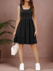 Teen Girl Plain V-Neck Sleeveless Casual Dress